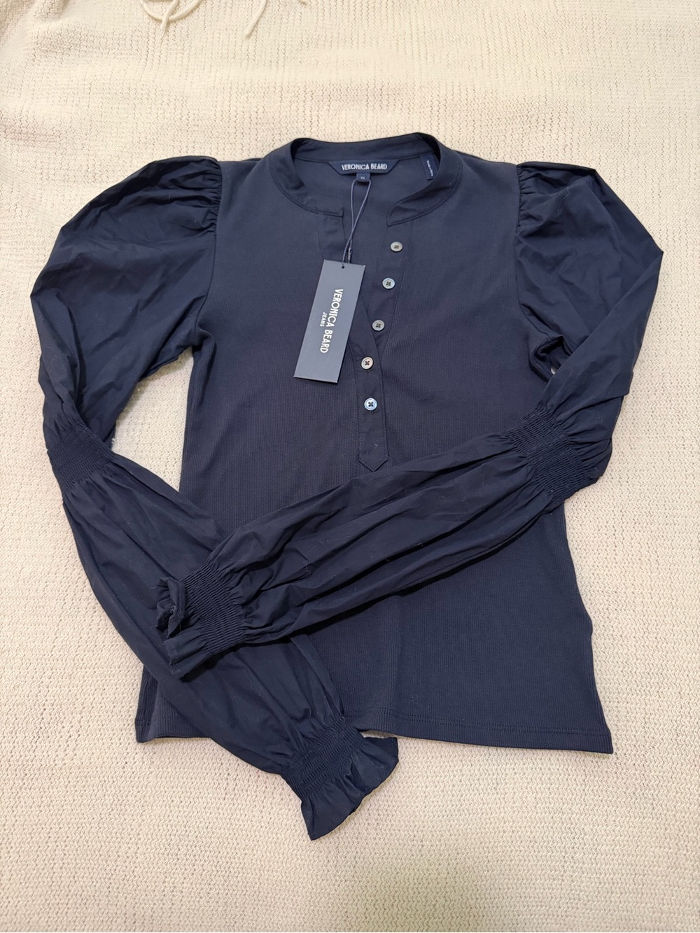 Veronica Beard Black Puff-Sleeve Henley with Smocked Cuffs - Picture 2 of 4